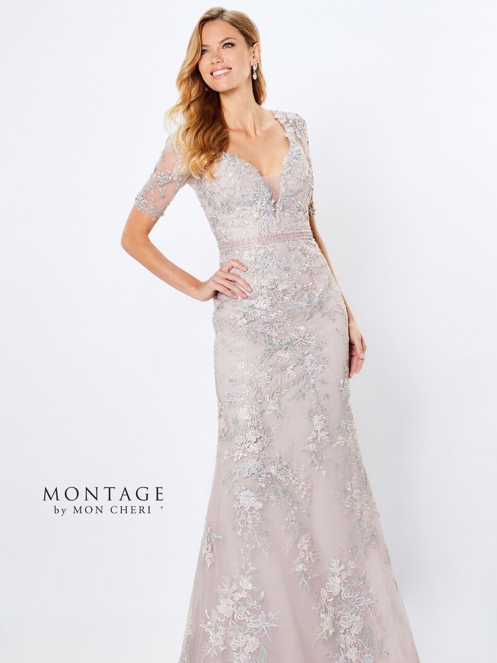 Montage by Mon Cheri 221961 Short Sleeve Lace Dress - V-Neck Gown in Blush